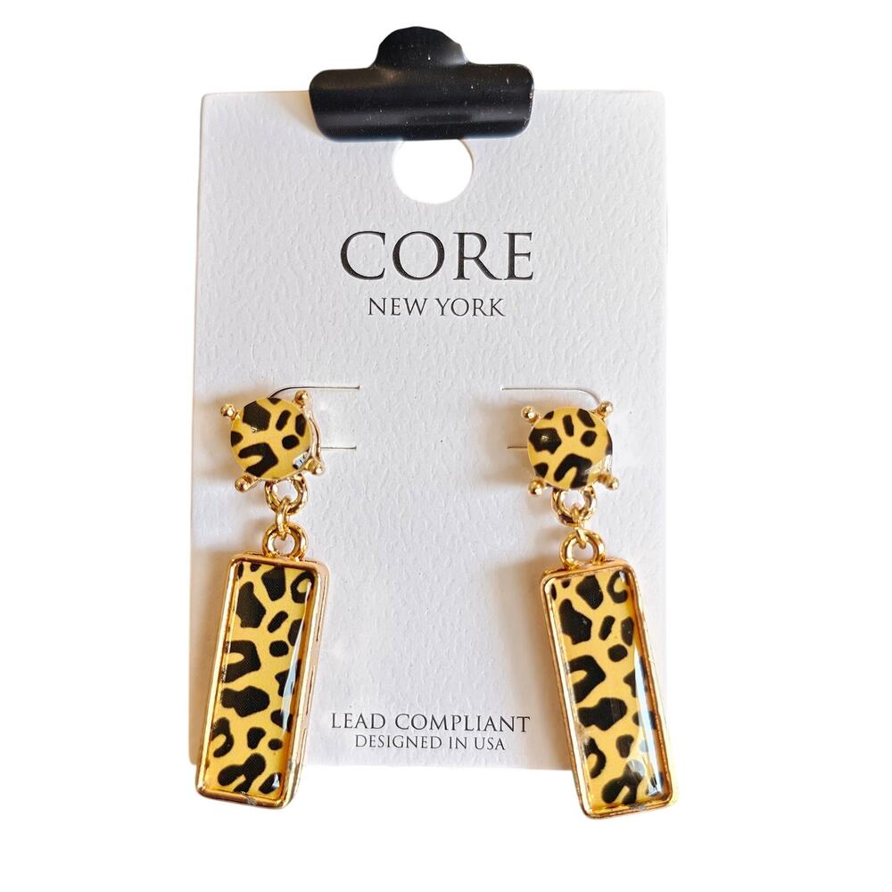 Leopard Print Drop Earrings Gold Tone Acrylic 1.39” Core New York w/ Gift Bag
